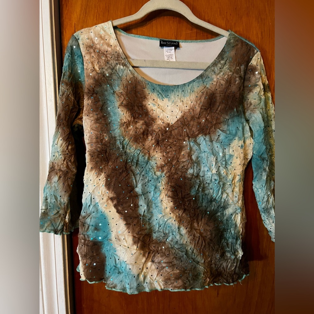 Studded chocolate & teal blouse with delicate teal stones.